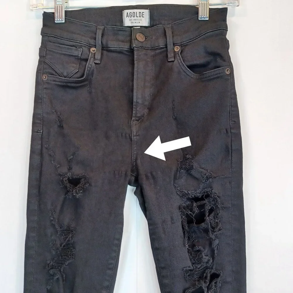 AGOLDE Women's Black Ripped Skinny Leg Stretch High Rise Denim Jean Destroyed 25 - Picture 4 of 12